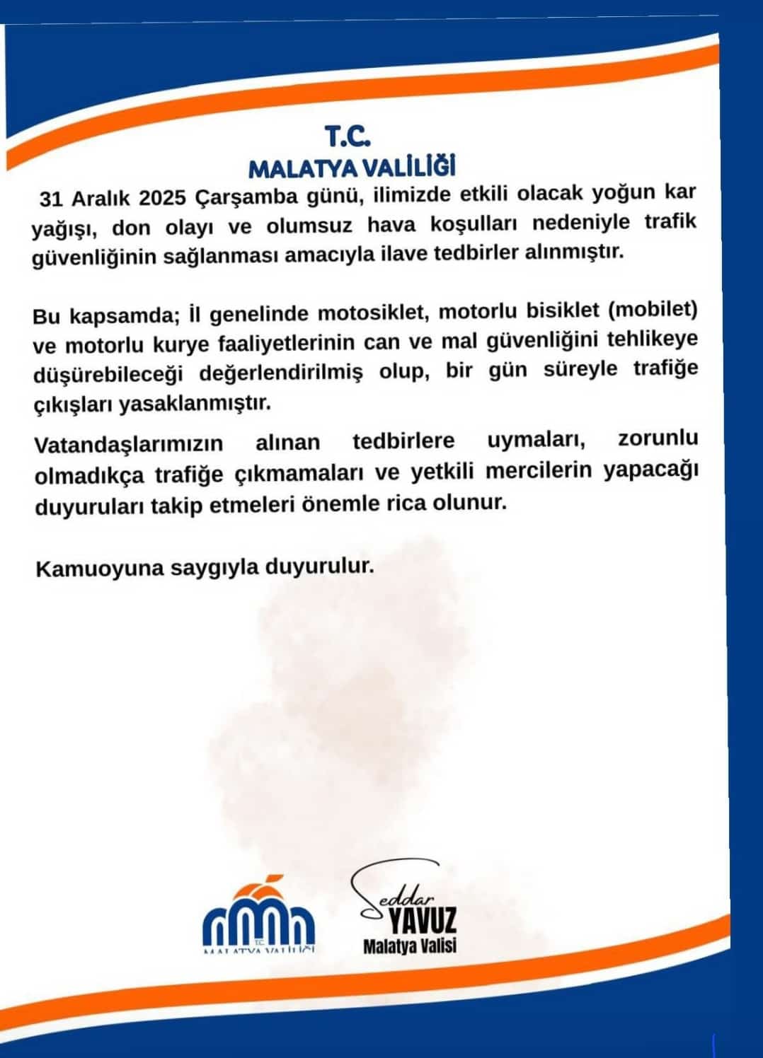 Malatya’da Yoğun Kar Alarmı: Okullar Tatil, Motosiklet ve Kuryelere 1 Günlük Trafik Yasağı