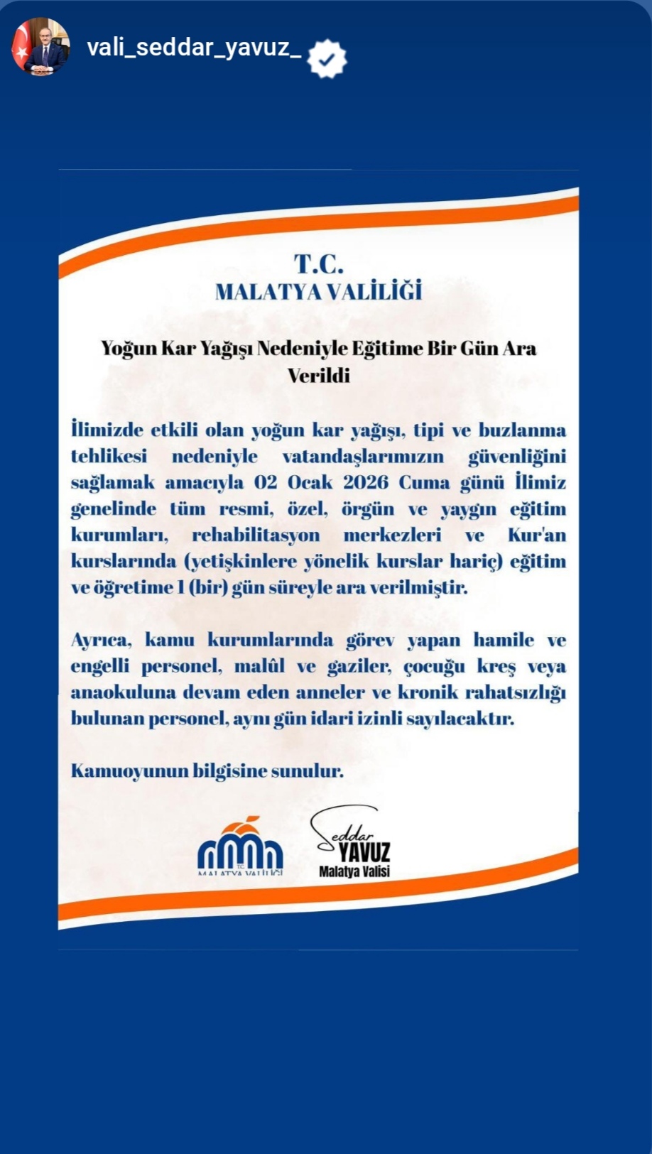 Malatya’da Yoğun Kar Yağışı Nedeniyle Eğitime 1 Gün Ara