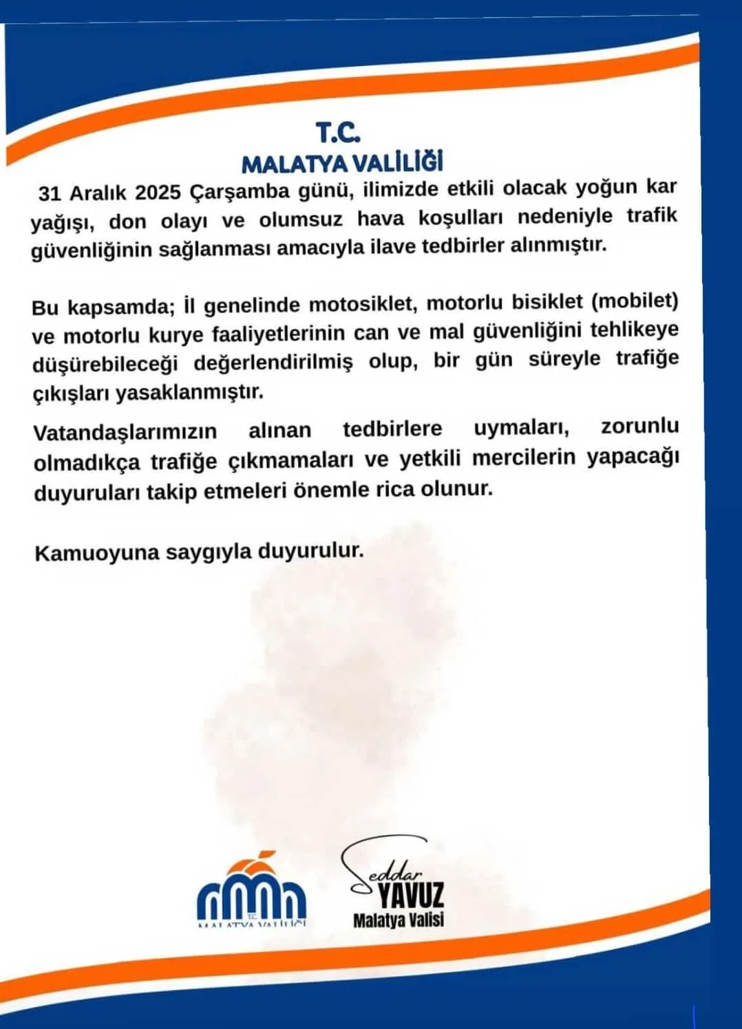Malatya’da Yoğun Kar Alarmı: Okullar Tatil, Motosiklet ve Kuryelere 1 Günlük Trafik Yasağı